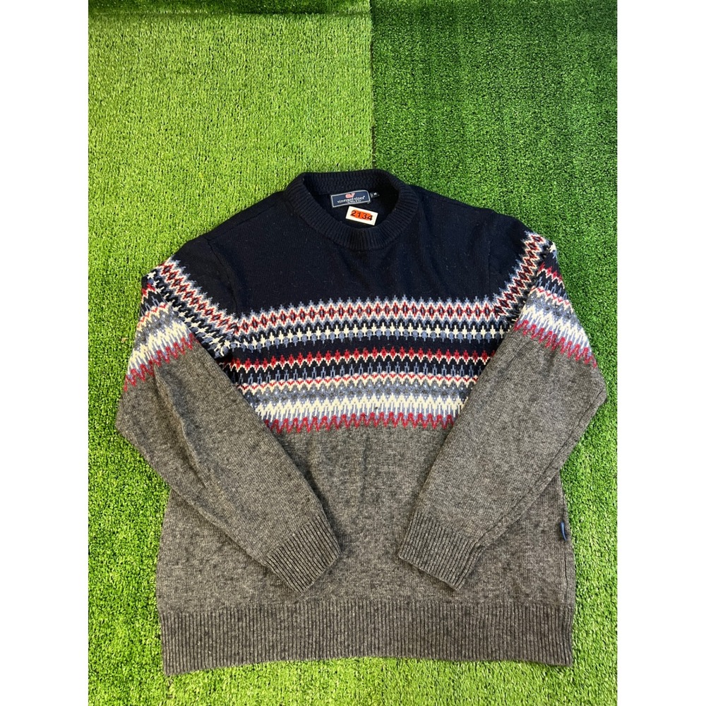 Vineyard Vines Mens M Fair Isle Merino Wool Alpaca Blend Navy Grey Sweater